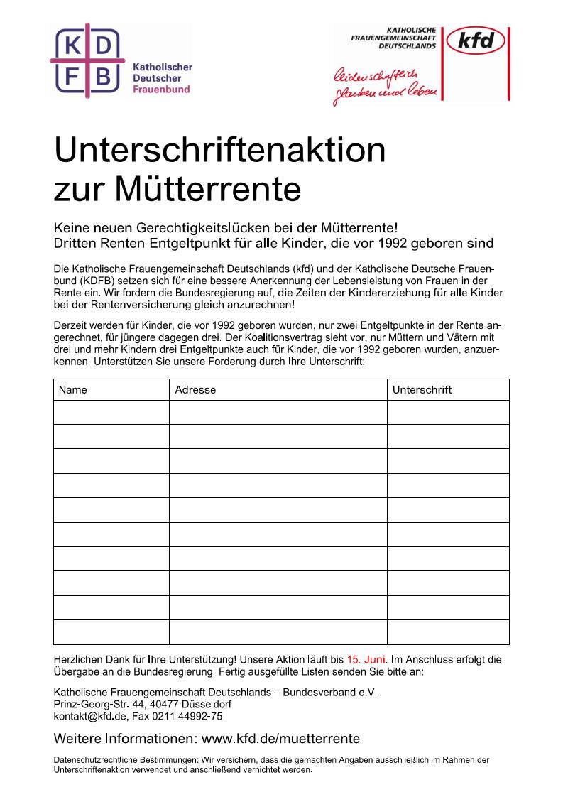 Unterschriftenaktion Muetterrente kfd KDFB Page 1